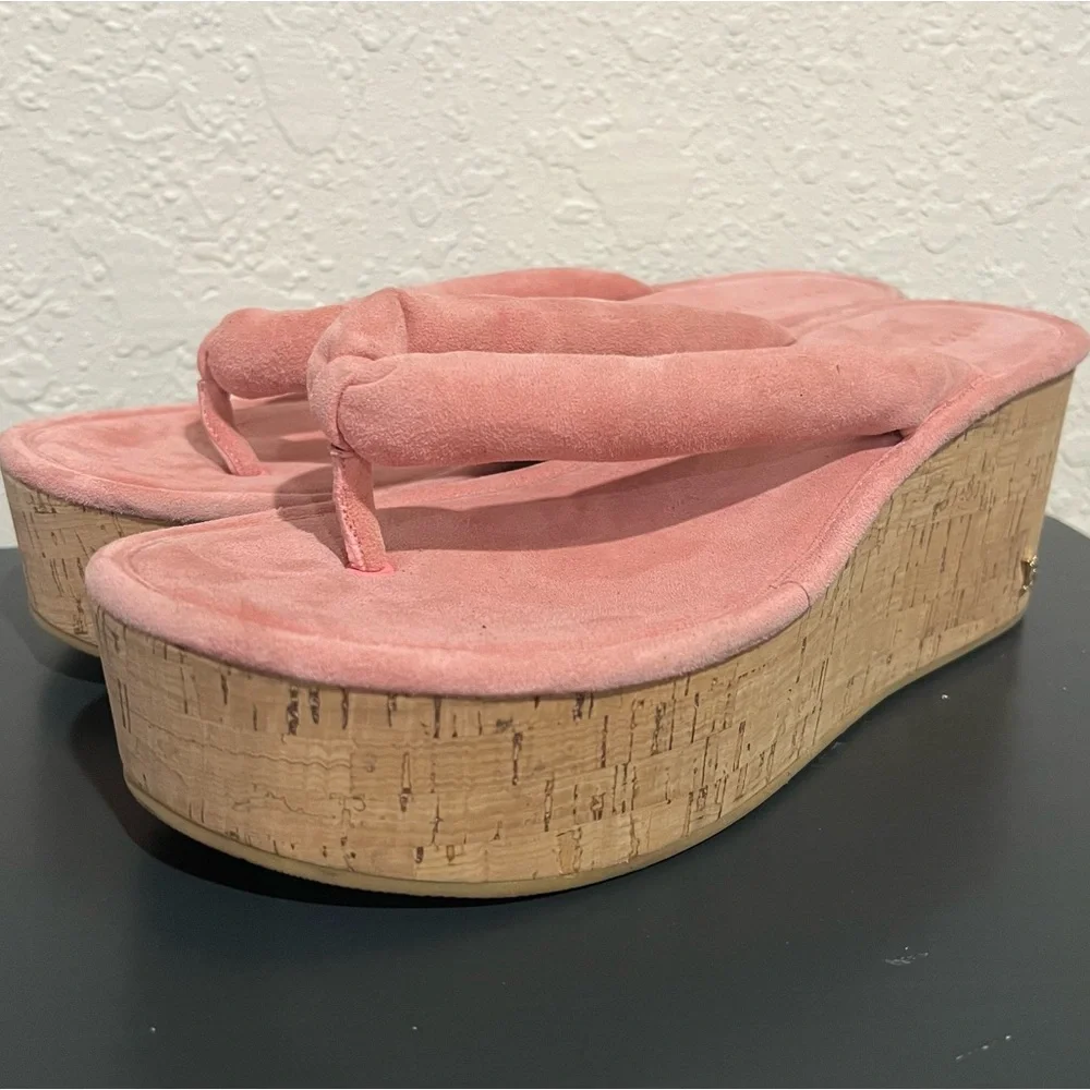 Veronica Beard Pink Geno Suede Wedge Thong Sandals Size 9.5